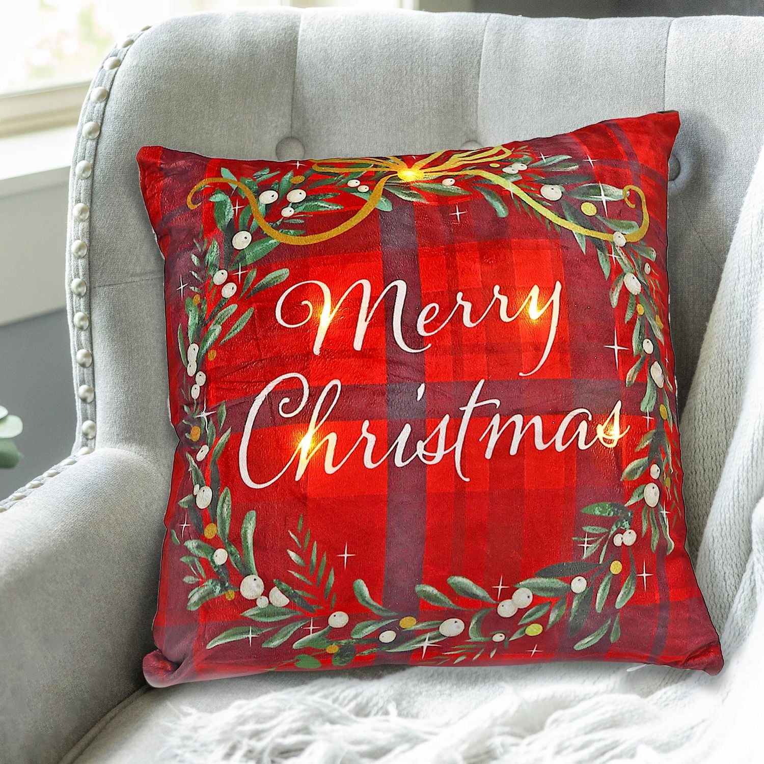 Couronne De Coussin En Velours Led De Noël Joyeux Noël 18X18 - Ensemble De 2