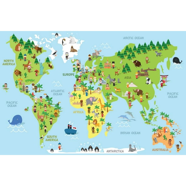 Cartoon World Map Children Animals Monuments Educational Travel World Map  with Cities in Detail Map Posters for Wall Map Art Wall Decor Geographical  Illustration Cool Huge Large Giant Poster Art 54x36 -