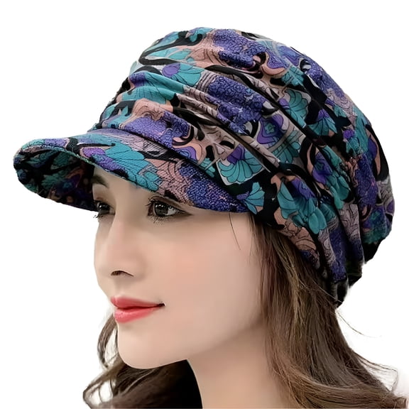 TELOLY Baseball Cap Short Brim Warm Foldable Earflap Women Cap Ethnic Style Floral Print Autumn Winter Hat Daily Clothing Hat