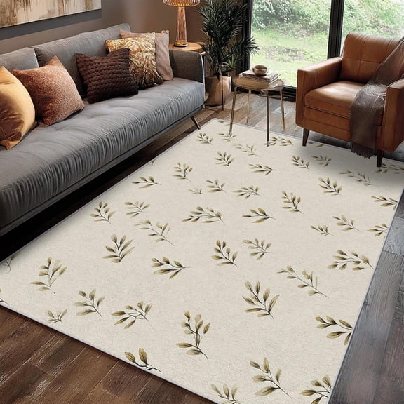 Modern Botanical Rug, Washable Leaf Minimalist Farmhouse Pattern Washable Area Rugs for Living Room, Modern Botanical Home Accessories, Soft Non Slip Thin-4' x 5'