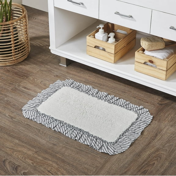 VHC Brands Sawyer Mill Black Farmhouse 20"x30" Bathmat White Ruched Ruffle Cotton Text Rectangle Bath Decor