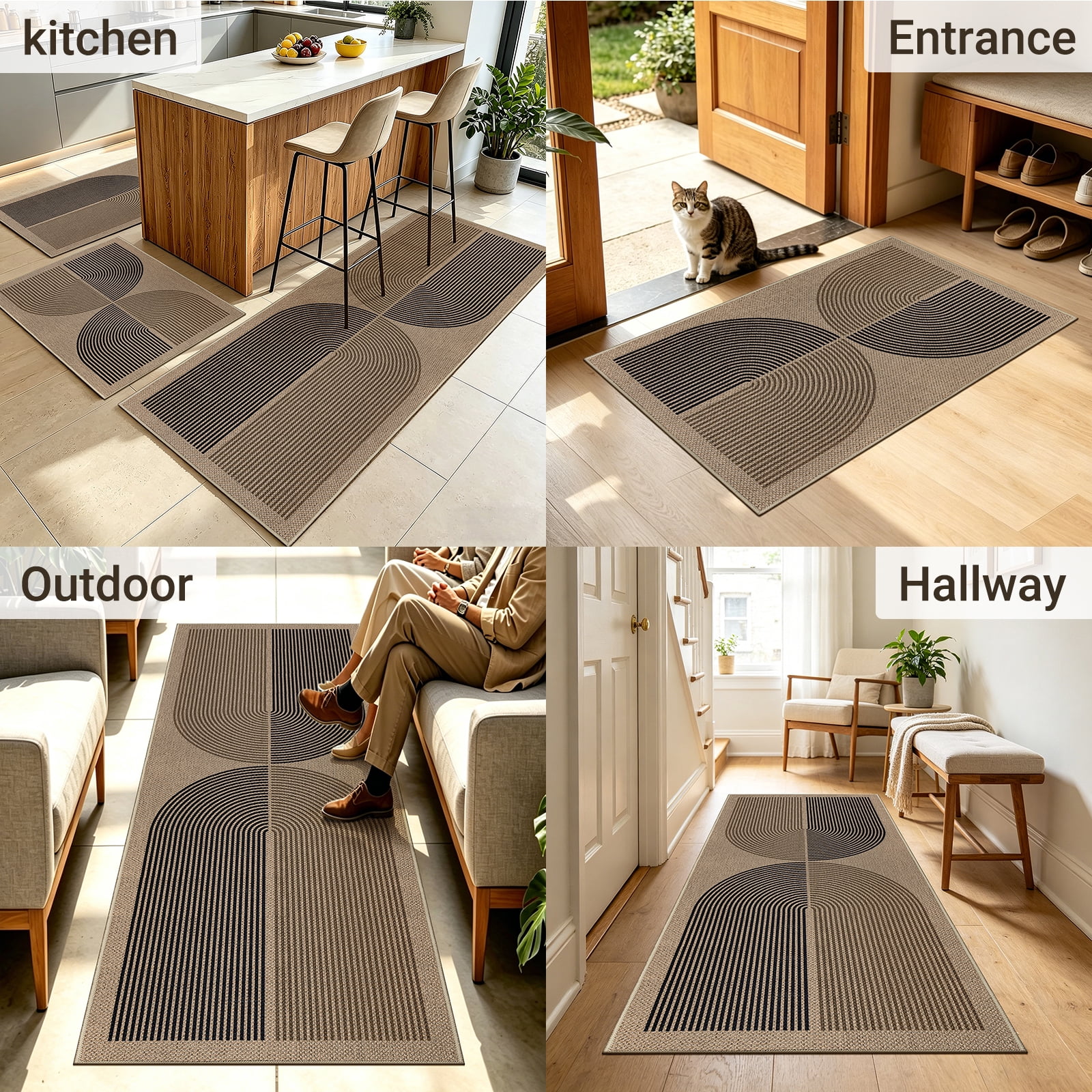 ORGOWEL Easy Jute Kitchen Rug Set of 3 Boho Modern Non-Slip Washable Floor Mat Carpet for Kitchen Sink Laundry Room Hallway, Black & Brown