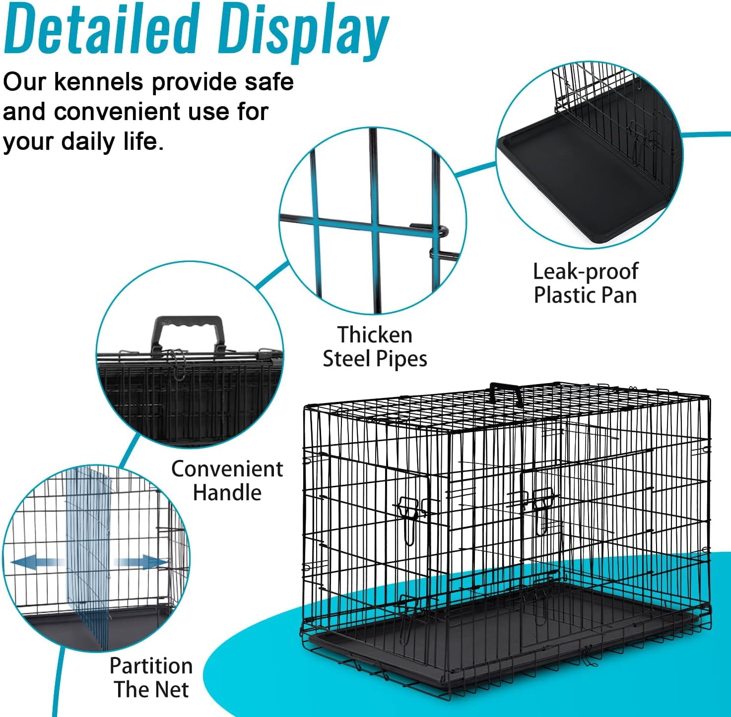 FDW 24 inch Foldable Metal Dog Crate for Small Dogs, Double Door, Divider, Removable Tray(Black)