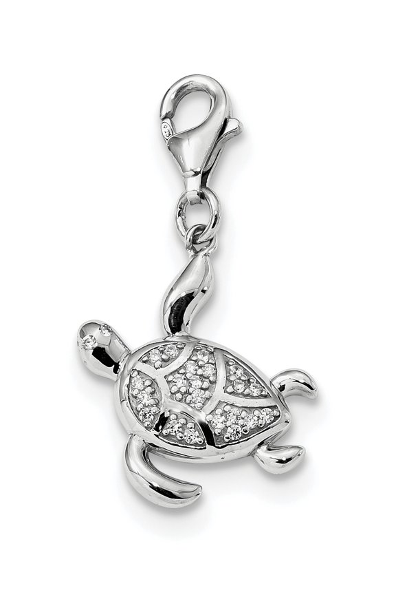 Sterling Silver Rhodium-Plated Cz Sea Turtle With Lobster Clasp Charm (29 X 16) Made In Thailand qc9281
