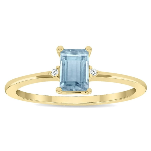 SZUL Women's Emerald Cut Aquamarine and Diamond Classic Band in 10K Yellow Gold