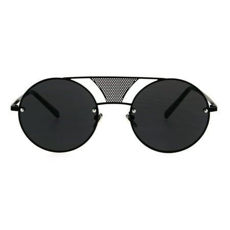 Retro Mesh Flat Top Double Bridge Round Circle Lens Retro Vintage Sunglasses All Black