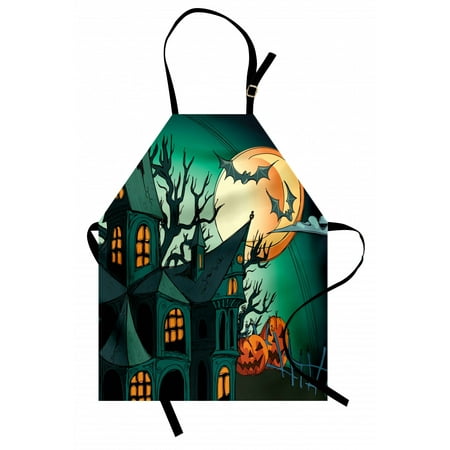 

Halloween Apron Haunted Medieval Cartoon Style Bats in Twilight Gothic Fiction Spooky Art Print Unisex Kitchen Bib Apron with Adjustable Neck for Cooking Baking Gardening Orange Teal by Ambesonne