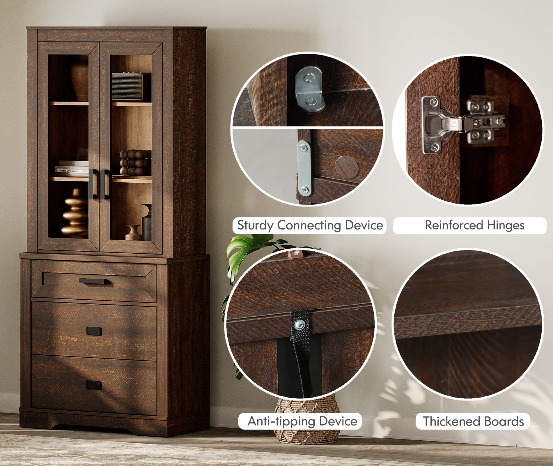 WAMPAT 2 Column 3 Tier Bookcase with Drawer,73.3" Tall Floor Standing Bookshelf,Modern Farmhouse Display Storage Cabinet with Adjustable Shelves for Living Room,Espresso Brown