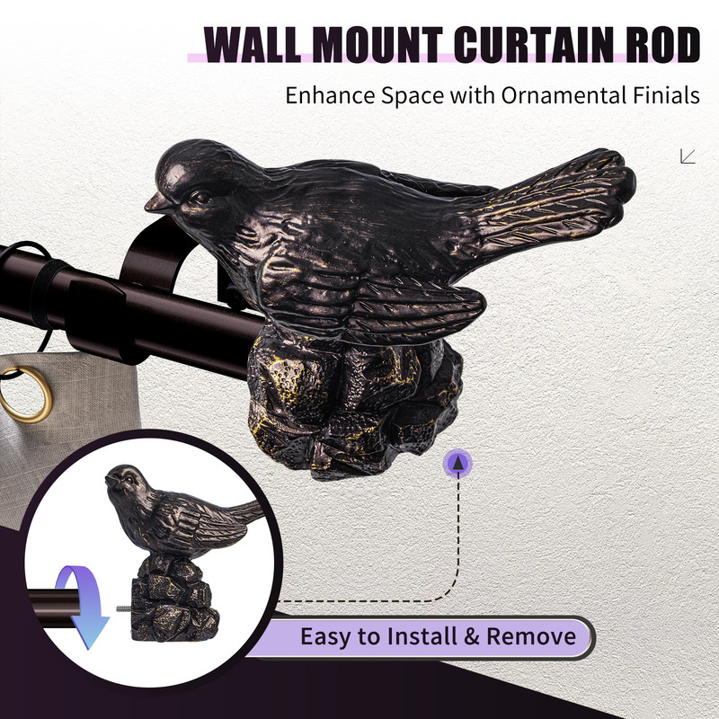 Curtain Rods 36"-120" Vintage Oil Bronze Curtain Rods for Windows Adjustable Drapery Rod with Bird Finials Heavy Duty Brown Curtains Rod for Living Room Bedroom