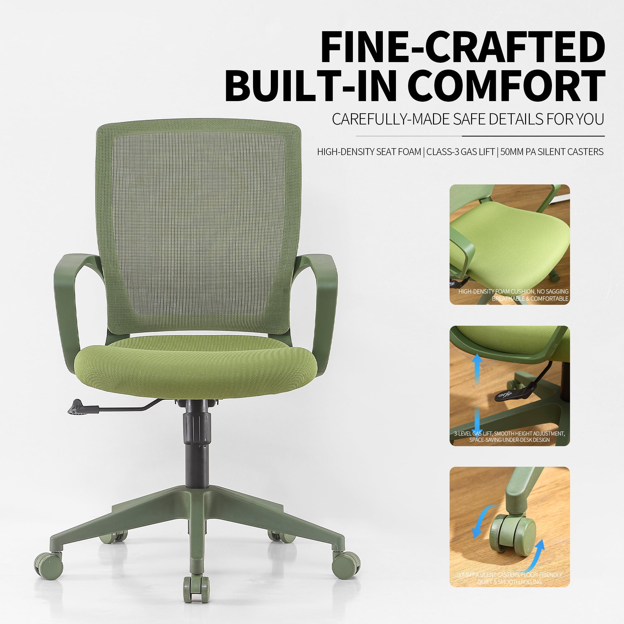 Colorful Office Task Chair 350LBS, Home Office, Mesh Back,Comfortable Sitting, Fixed Armrest, Swivel, Height Adjustable Chair (Green)