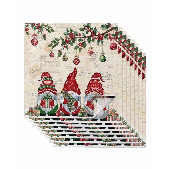 Red Beige Gnomes Christmas Cloth Napkins Set of 8 Reusable Dinner Napkins, Xmas Ball Gifts Snowflake Cocktail Napkin Washable Table Napkins for Wedding/Holiday Party/Baby Shower 20"x20"