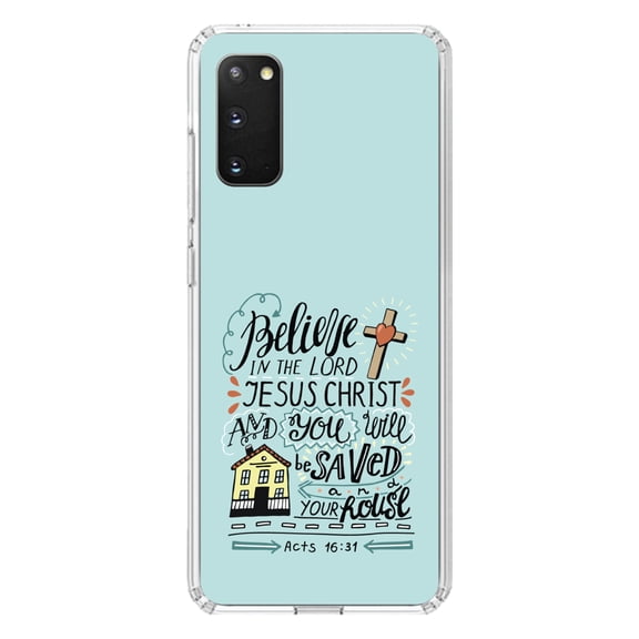 DistinctInk Clear Shockproof Hybrid Case for Galaxy S20 ULTRA / 5G (6.9" Screen) - TPU Bumper, Acrylic Back, Tempered Glass Screen Protector - Acts 16:31 - Believe in the Lord Jesus Christ