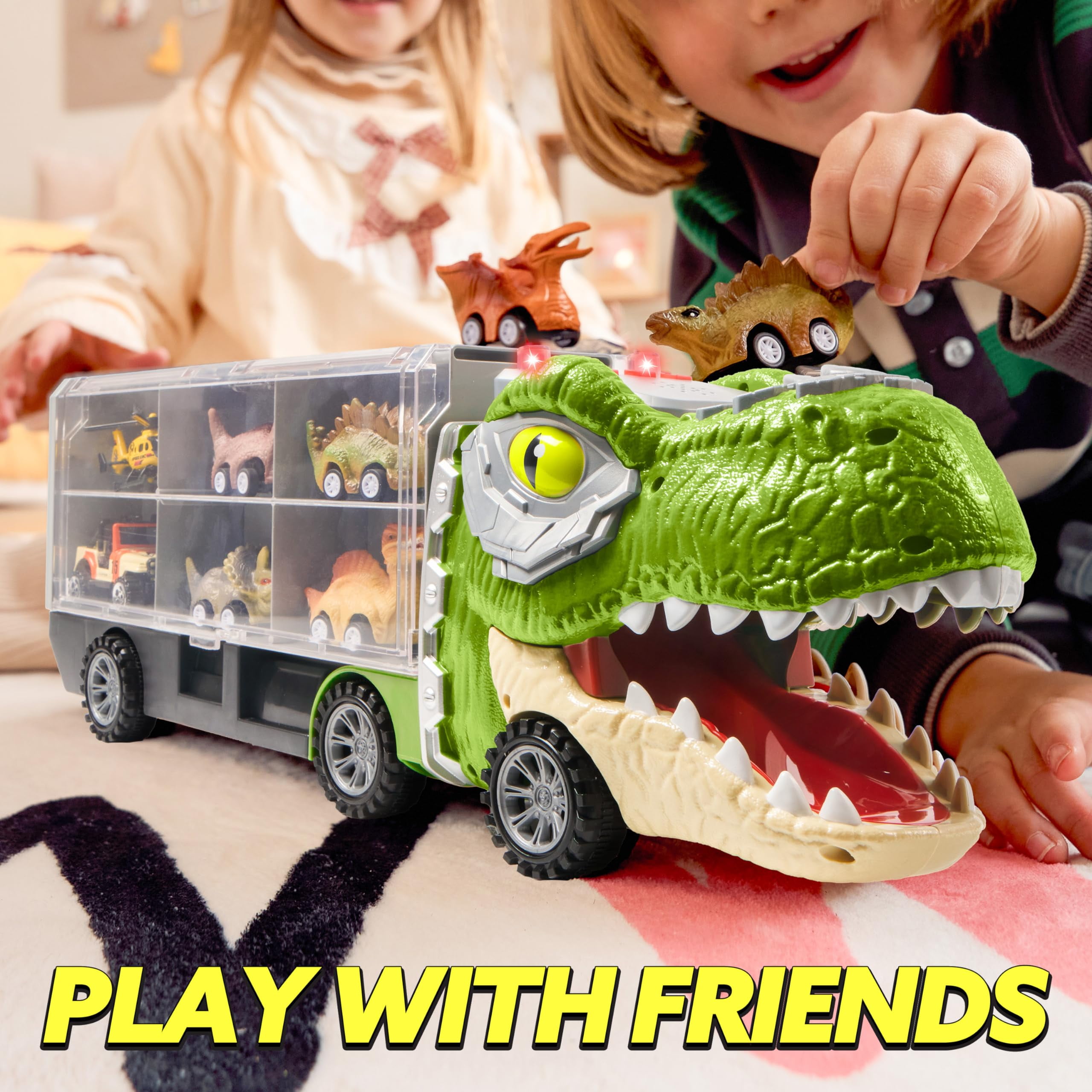 Joyfy 13 in 1 Dinosaur Truck Toys for Kids, Dinosaur Truck with Light & Sound, Including 12 Pull Back Cars, Great Christmas and Birthday Gifts Toy for Boy 3 4 5