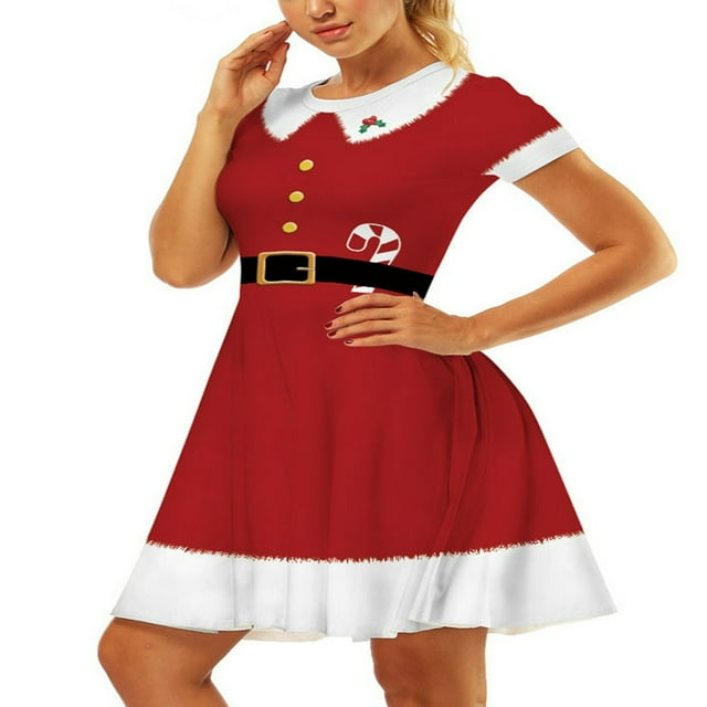 Robe de Noël pour Femmes à Manches Courtes Robe de Dessin Animé pour les Vêtements de Fête de Vacances