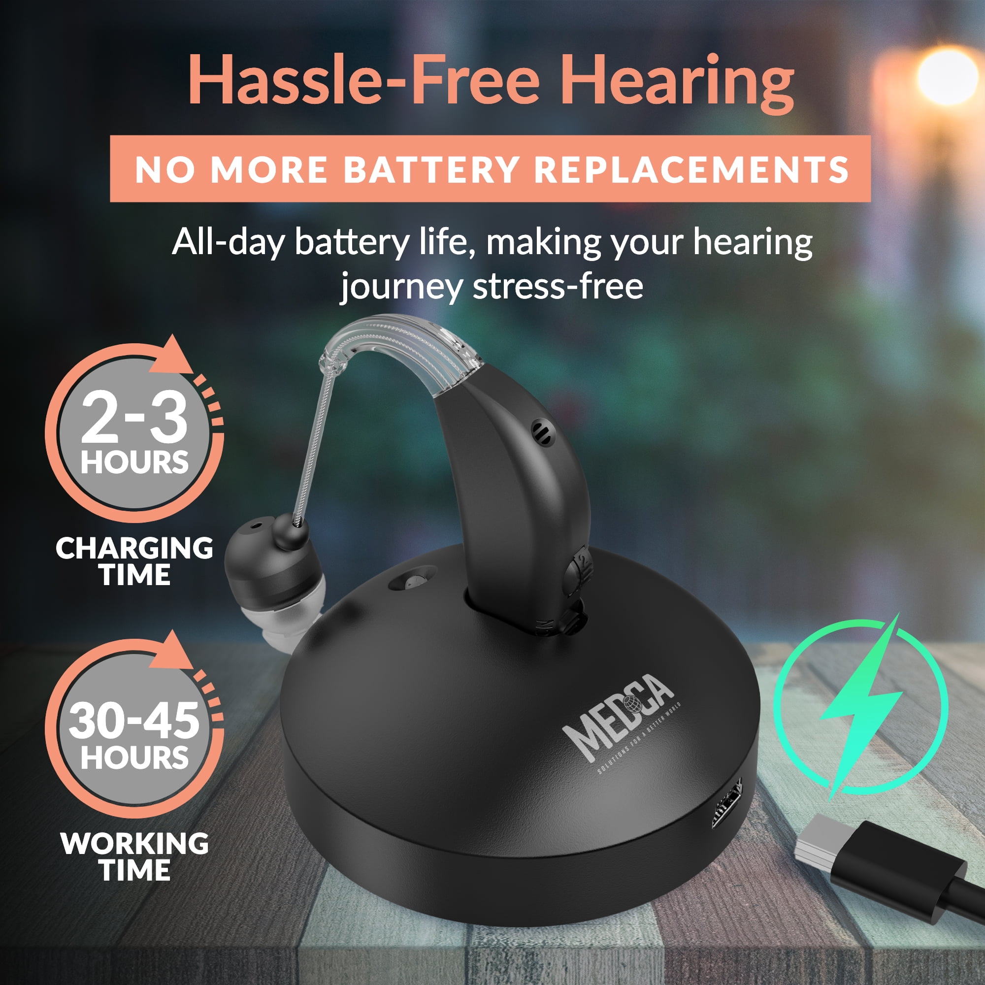 MEDca Rechargeable Hearing Aid for Seniors, Personal Sound Amplifier, Black - Single Ear