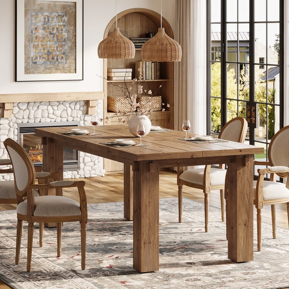 Finmind 63" Solid Wood Dining Table for 4-6, Rectangular Farmhouse Kitchen Table with Sturdy Legs for Dining Room, Natural Brown