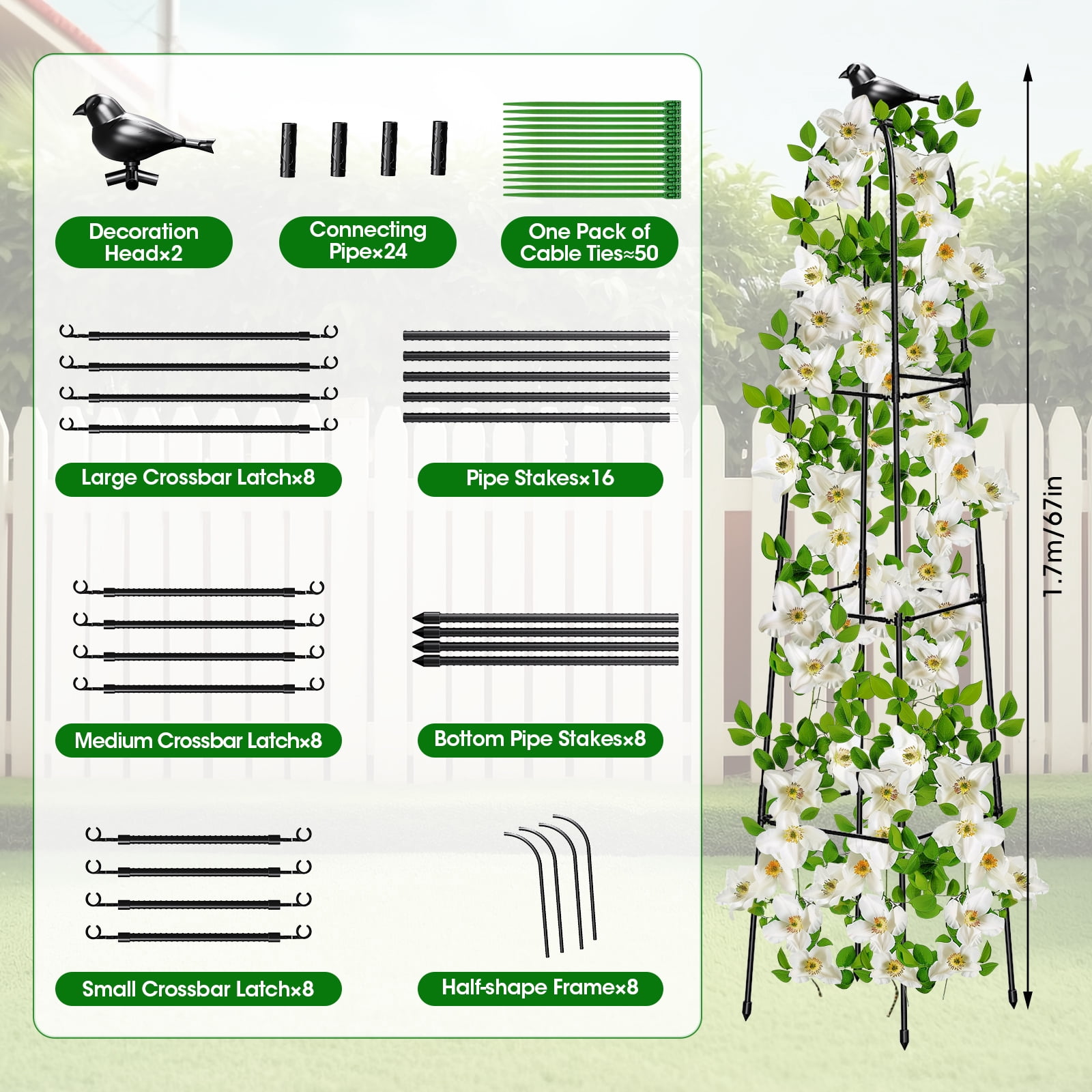 MQHUAYU 2Pack Adjustable Garden Obelisk Trellis for Climbing Plants , 67 Inch Rustproof Metal Plant Support Frame, Outdoor Indoor Climbing Vine Cucumber Tomato Growing Stand