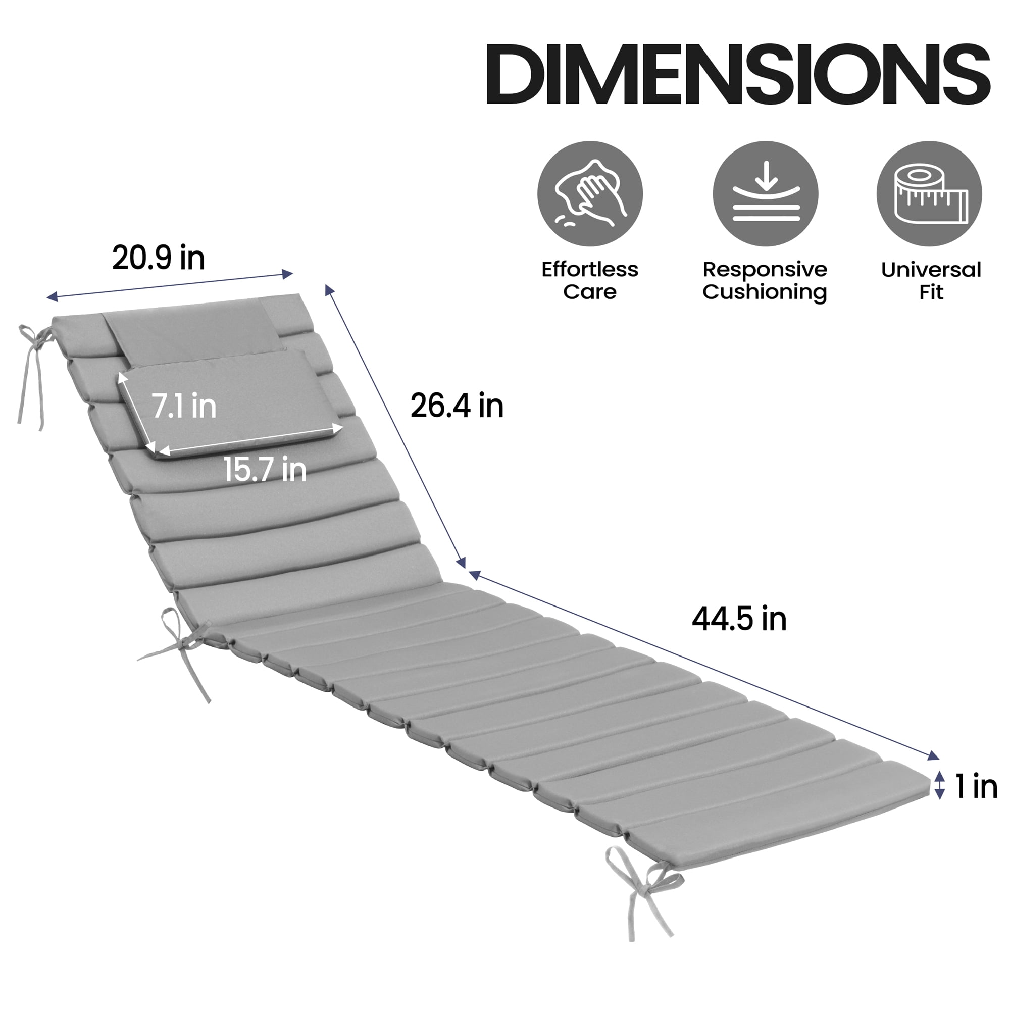 Pellebant Outdoor Set of 2 Chaise Lounge Cushions with Headrest for Patio Furniture,71"L x 23"W x 1"T Light Gray