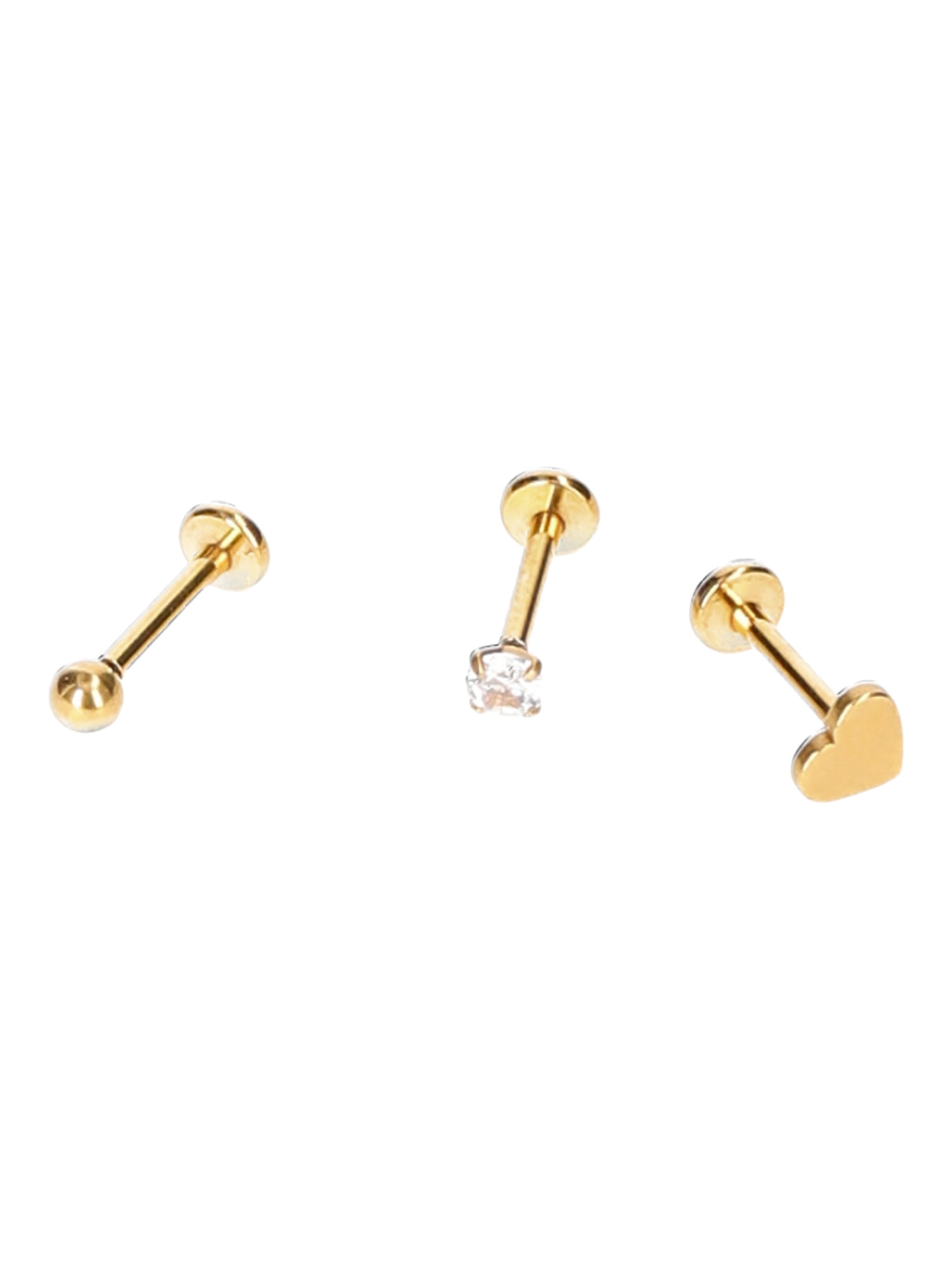No Boundaries Women's 16G Cartilage Gold-Tone Yellow Plated Heart Stud Pack, 3-Piece Set