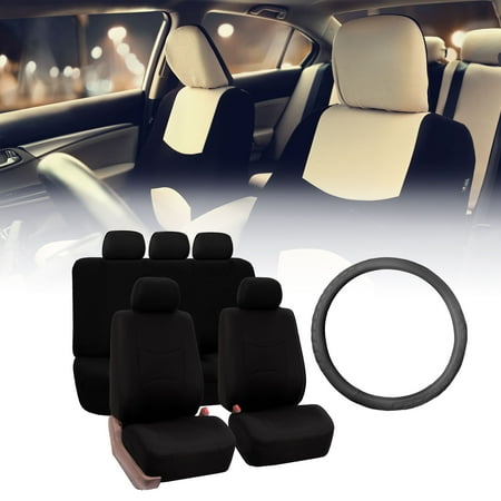 Flat Bench With Wheels FH Group Flat Cloth Seat Covers for Auto, Split Bench Full Set with Leather Steering Wheel Cover, Black ()
