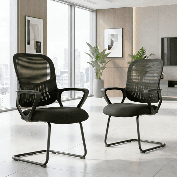 Office Chair without Wheels, Conference Reception Guest Chair with Arms and Lumbar Support, 2 PCS