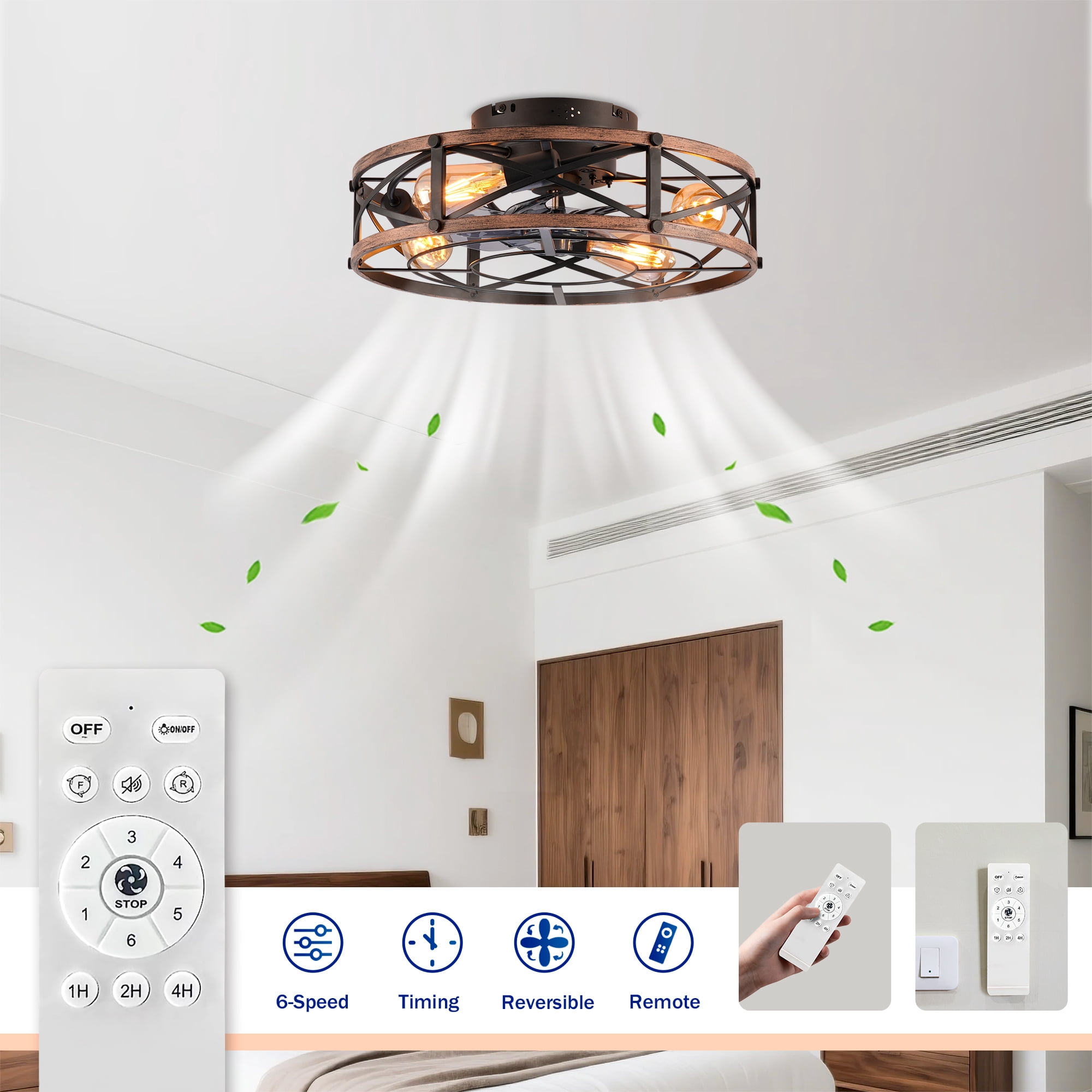 Leumius 19" Black Flush Mount Ceiling Fan with Light, Reversible Motor and DC Remote Control,6 Speed Ceiling Fan,Timing for Living Room Bedroom Dining Room(NOT Included Bulbs)