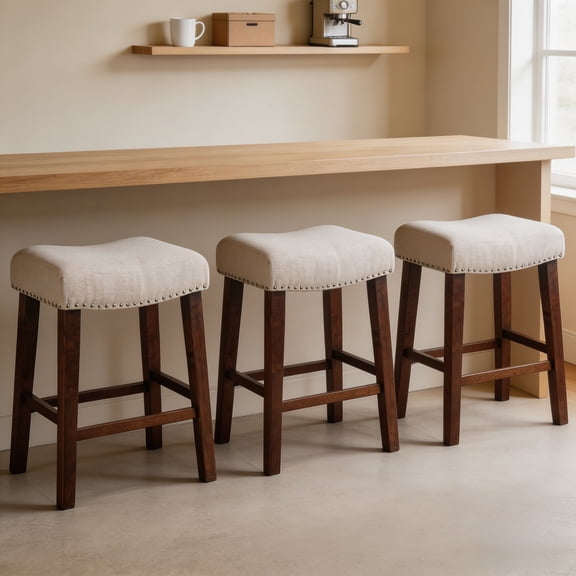 Round Cushion Saddle Seat Bar Stool 3PCS, 299.5Lbs Capacity, Wood Legs and Rivets
