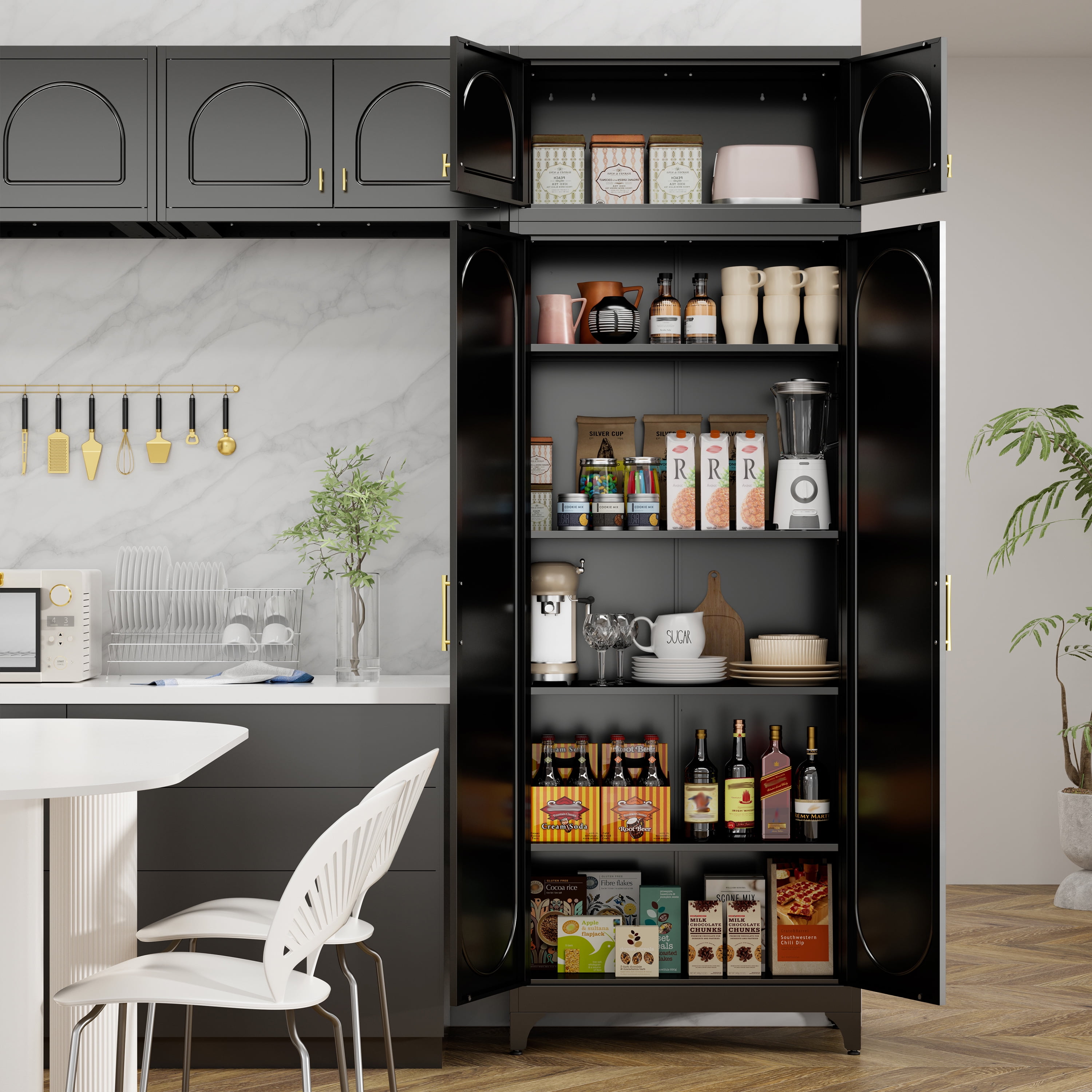 Polup 90" Height Modern Metal Pantry Storage Cabinet with Doors and Adjustable Shelves Black for Living Room Kitchen and Home