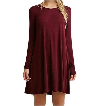 Womens Dress Fall Dresses for Women 2022 Solid Color Crewneck Casual Tunic Dress Long Sleeve Loose Comfy Knee Length T Shirts Dress