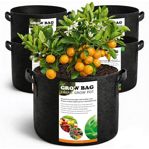 5 Pack 7 Gallon Grow Bags, Thickened Aeration Nonwoven Fabric Plant Pots with Handles, Heavy Duty 300G Garden Planting Bag for Tomato, Potato, Strawberry, Vegetable, Fruits and Flowers