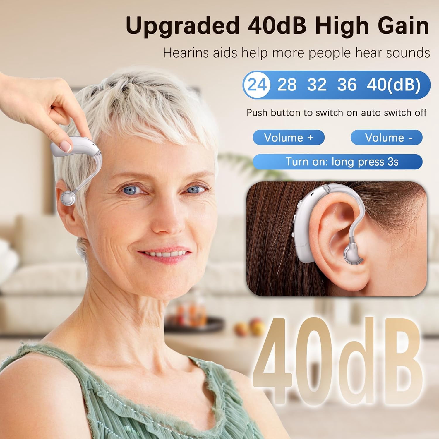 Hearing Aids for Seniors, Hearing Aids Rechargeable with Noise Cancelling and Volume Control, Hearing Amplifier for Adults Hearing Loss, Portable Behind-the-Ear Hearing Aid Headphones (silvery)