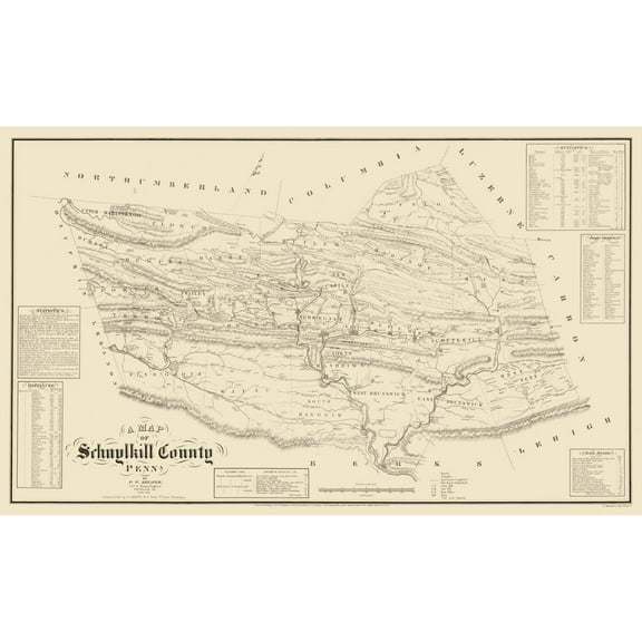 Historic County Map - Schuylkill County Pennsylvania - Sheafer 1855 - Vintage Wall Art