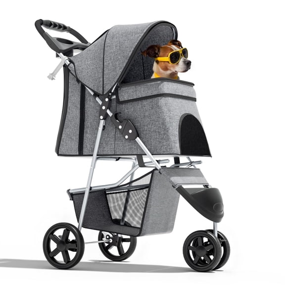 3-Wheel Pet Stroller for Small/Medium Dogs & Cats, Up to 33lbs,Foldable Travel Jogger w/ Breathable Mesh Cover, Lightweight Design, Safety Tethers, Cup Holder & Storage Basket