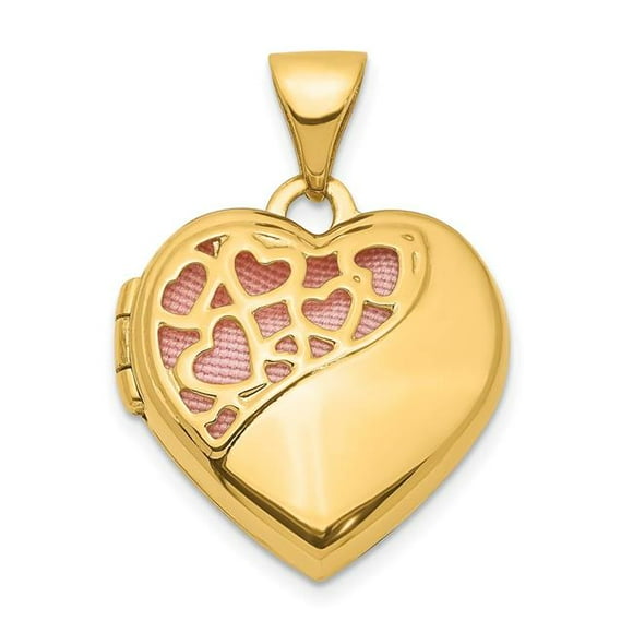 Quality Gold XL765 14K Yellow Gold Hearts Cut Out 16 mm with Pink Fabric Heart Locket Pendant