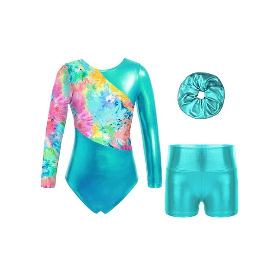 Yanarno Kids Girls Long Sleeve Gymnastics Leotards Set Shiny Metallic Leotards with Shorts Headband Blue Green 6