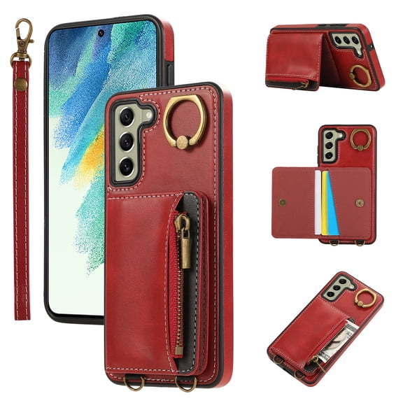 ELEHOLD Case for Samsung Galaxy S21 FE, Zipper Leather Wallet Case with Card Holder Stand,Red