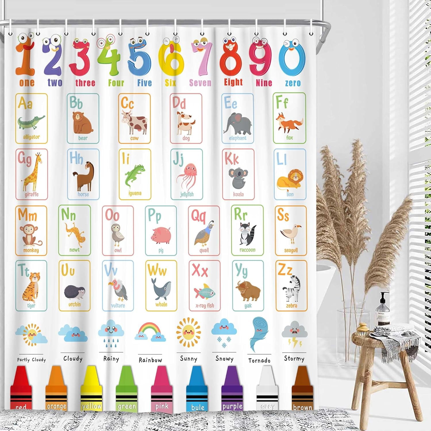 Kids Shower Curtain, Cute Cartoon Alphabet ABC Animal Educational Number Learning Colorful Bath Curtain Set for Baby Girls Boys Polyester Fabric Waterproof Shower Curtain with Hooks 60X70IN