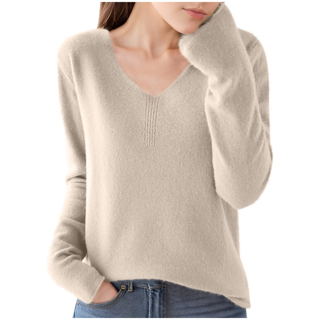 Kovlvoll Womens Tops V Neck Long Sleeve Solid Color Knitted Thin Sweater Fall Pullover Tunic Top