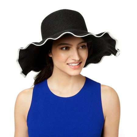 Nine West Womens Packable Ruffle-Brim Floppy Sun Hat (Black, One Size)