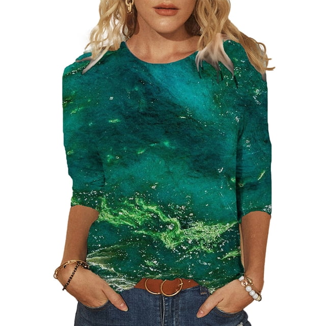 Chemise à Manches Longues Mode Été Imprimée Manches Mi-Longues Col Rond Tee-Shirt Décontracté Blouses Raccourcies pour Femmes en Solde