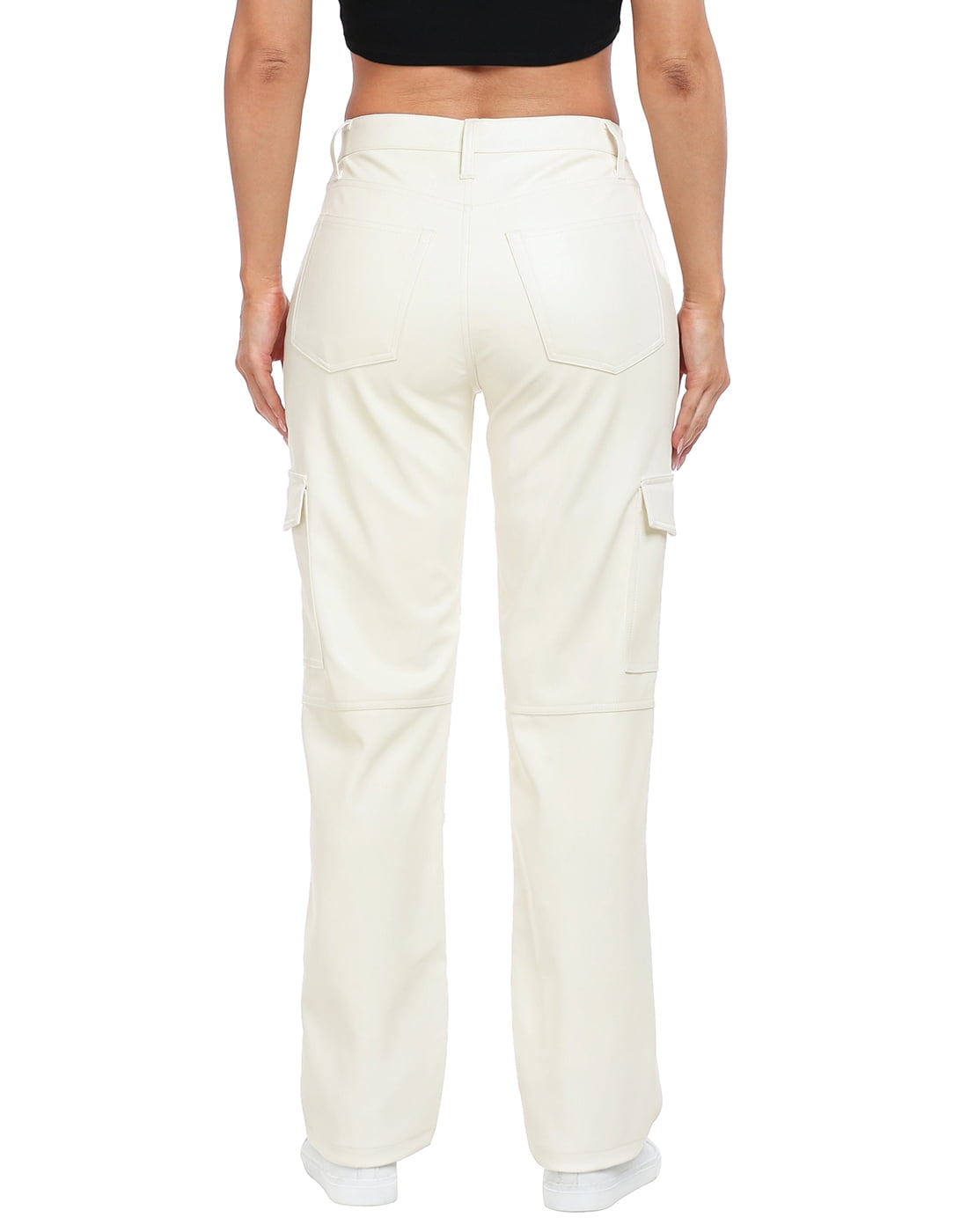 HDE Women's High Waisted Faux Leather Cargo Pants with Pockets Cream White 32