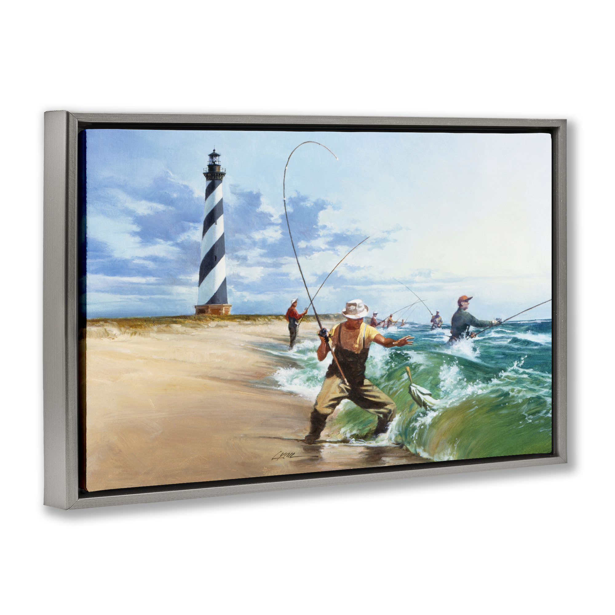 Cape Hatteras Fishermen Gray Framed Floater Canvas Wall Art, design by Wind River Studios