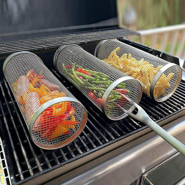 Rolling Grilling Basket, Stainless Steel Wire Mesh Cylinder Grill Basket, Bbq Rolling Grill Basket For Outdoor Camping Picnic