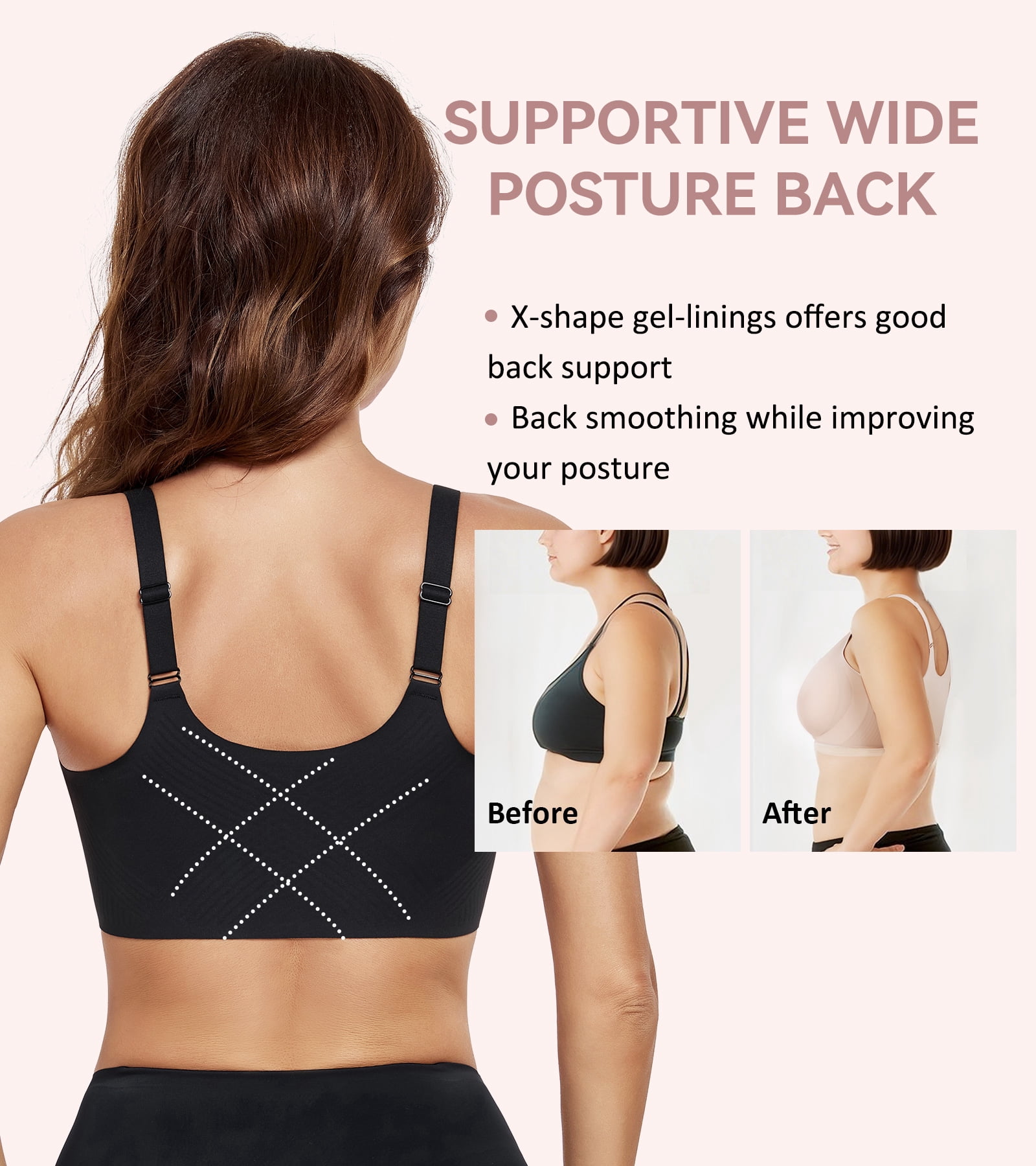 Exerin Women's Front Closure Bra Wireless Comfort Posture Back Smoothing Brasieres(S,Black)