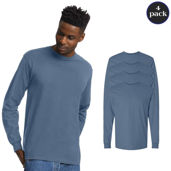 Gildan Men's 100% Cotton Long Sleeve T-Shirt, Indigo Blue, 4-pack, S
