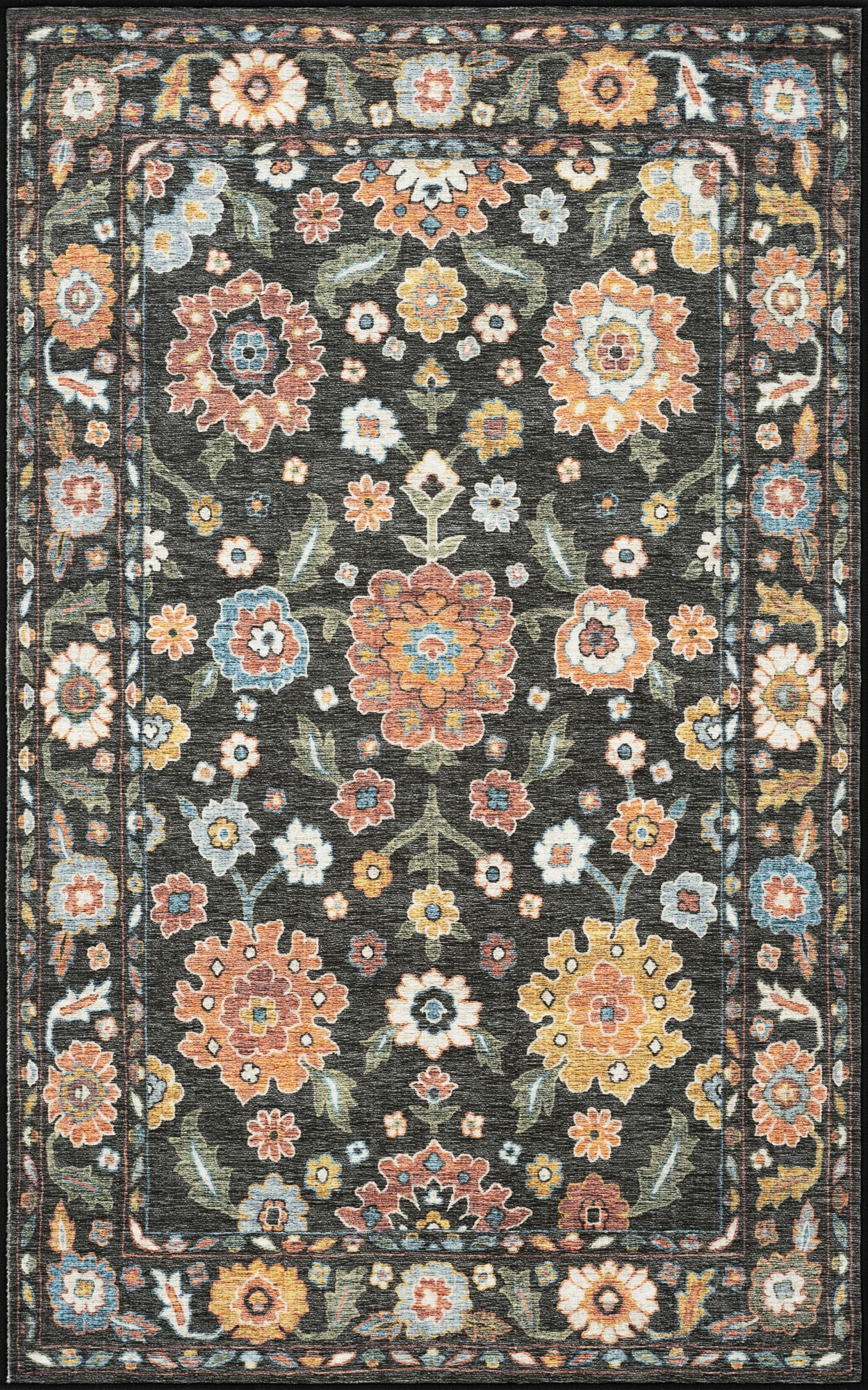 Smart Wash Aura Traditional Oriental Black and Gold Polyester Indoor Machine Washable Area Rug, 5'x7' Rectangle