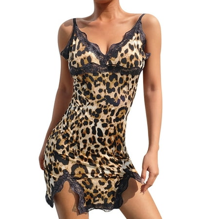 

LilyLLL Womens Babydoll Leopard Print V Neck Spaghetti Strap Lingerie Nightdress Gown