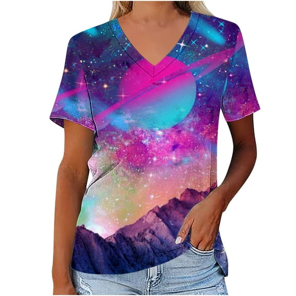 Fesfesfes Womens Shirts Women's Fashion Casual Print Astral V-neck Short Sleeve T-shirt Yoga Top 2XL(US:12)