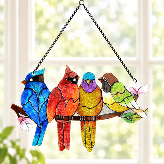 Stained Glass Window Hanging Decor Sun Catchers Indoor Window Four Stained Glass Birds on Branch Suncatcher Cardinal Suncatcher Bird Gifts for Women