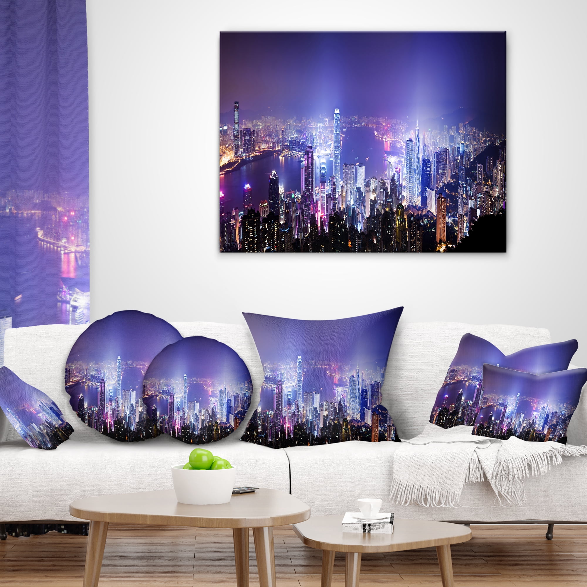 Designart Hong Kong Night City - Cityscape Photo Throw Pillow - 16x16